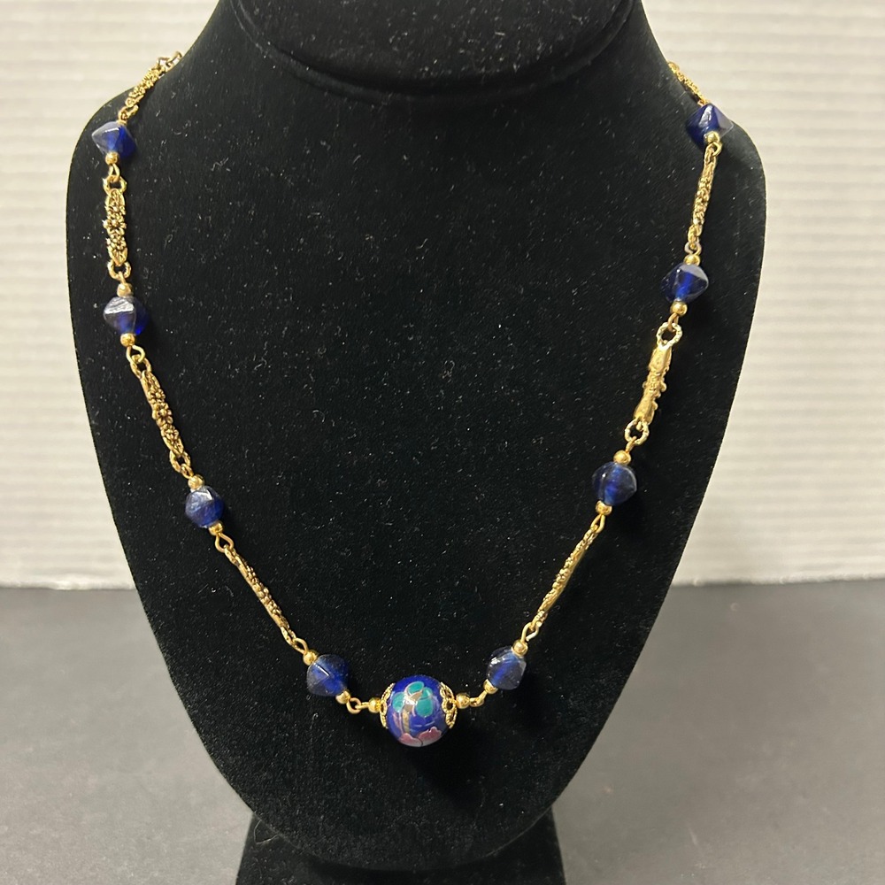 Artisan Beaded Necklace 24" Blue Gold Simulated Cloisonne Enamel Floral Toggle